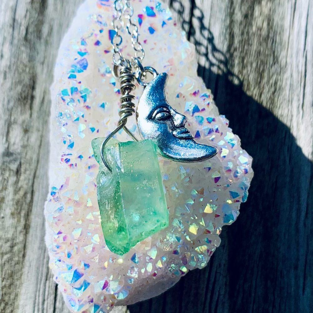 Mint Aura Quartz Luna Crystal Necklace